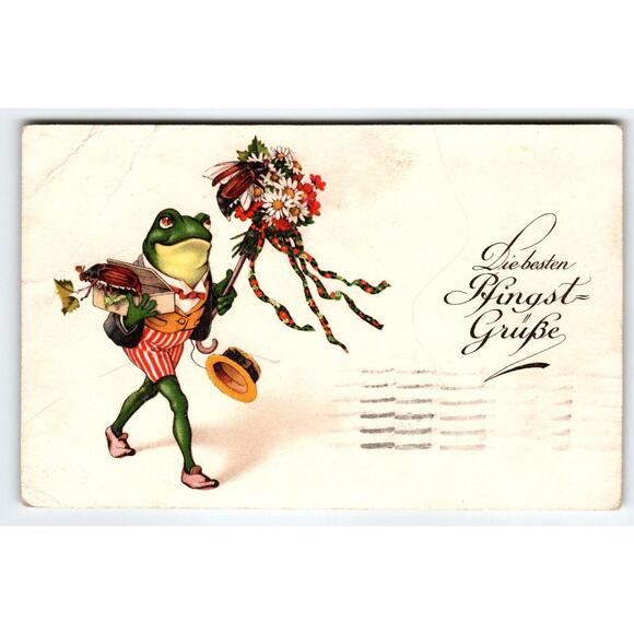 Dressed Frog Man With Hat Cane Roach Bug Fantasy Postcard Anthropomorphic 1920 - Picture 1 of 2